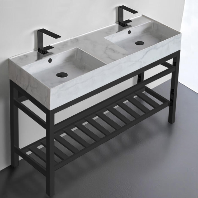 Scarabeo 5143-F-CON2-BLK Marble Design Double Ceramic Console Sink and Matte Black Base